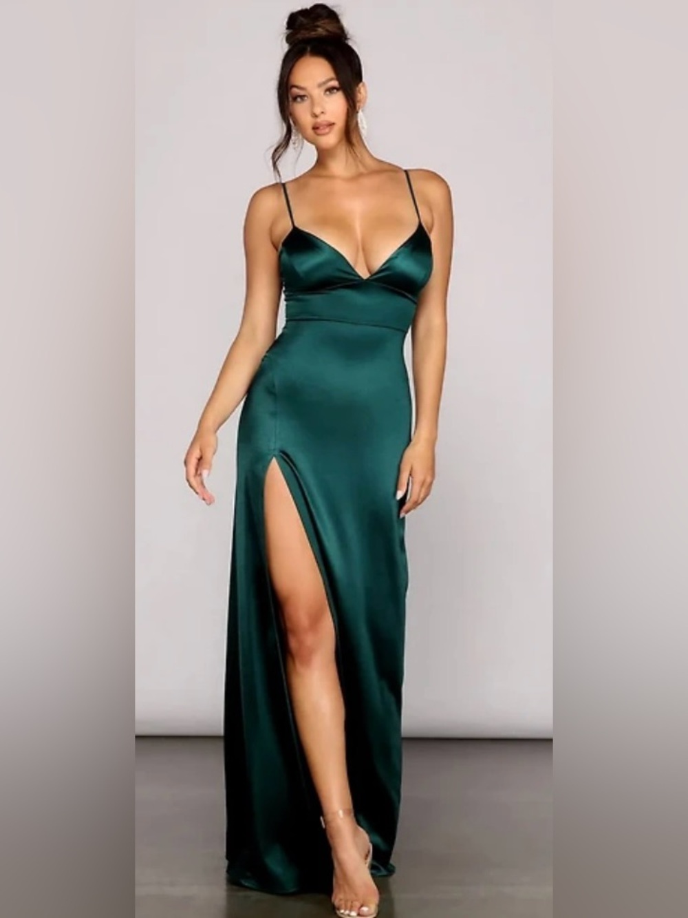 Windsor Carmen high-slit Emerald Green Satin Spaghetti-Strap Maxi Dress